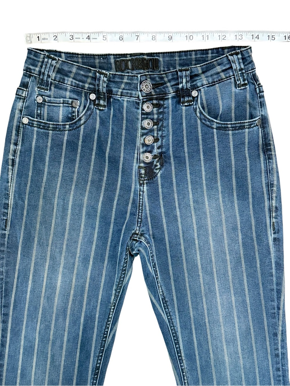Rock & Roll Cowgirl Pinstripe Button Fly Flare Jeans Women’s 28x32 - Picture 7 of 10